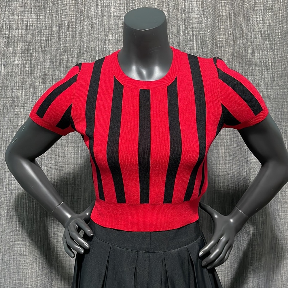 Forever 21 Red & Black Striped Short Sleeve Knit Sweater Top M NWT